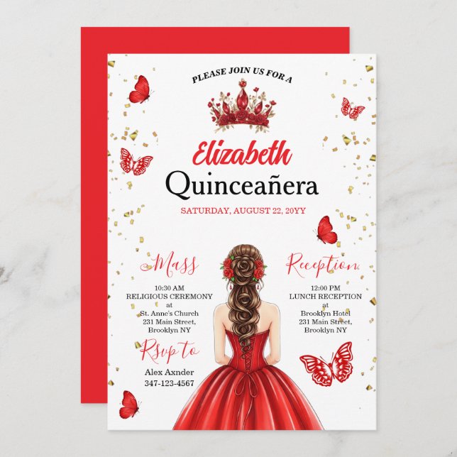 Red Royal Butterfly Quinceañera Invitation (Front/Back)