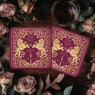 Red Royal Lion Mediaeval Sword Wedding Square Paper Coaster