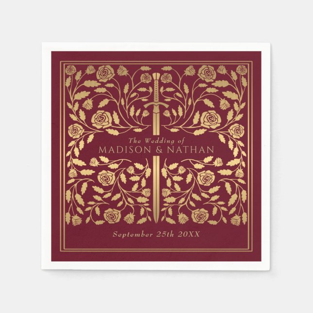 Red Royal Mediaeval Gold Sword Wedding Napkin (Front)