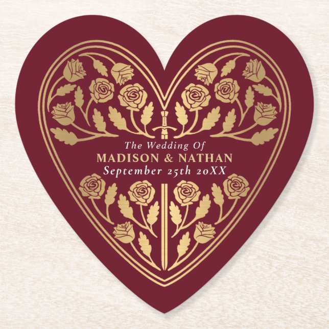 Red Royal Mediaeval Gold Sword Wedding Paper Coaster (Front)