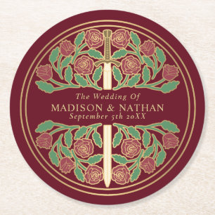 Red Royal Mediaeval Gold Sword Wedding Round Paper Coaster