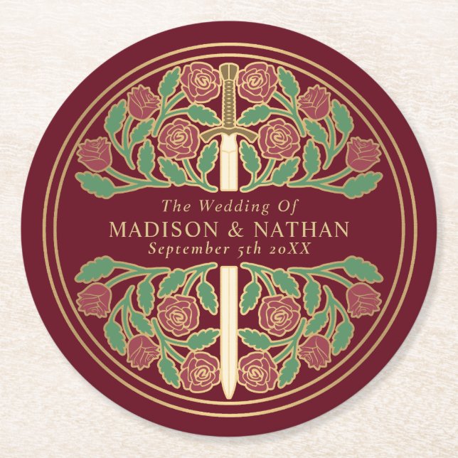 Red Royal Mediaeval Gold Sword Wedding Round Paper Coaster (Front)