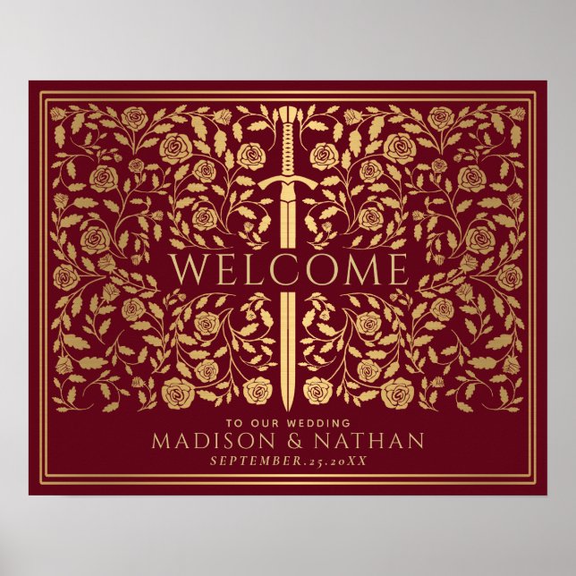 Red Royal Mediaeval Gold Sword Wedding Welcome Sig Poster (Front)