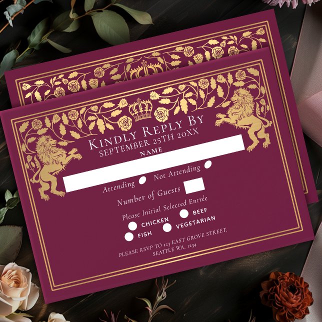 Red Royal Mediaeval Lion Wedding RSVP Card (Creator Uploaded)