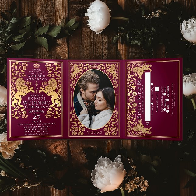 Red Royal Mediaeval Lion Wedding Tri-Fold Invitation (Creator Uploaded)