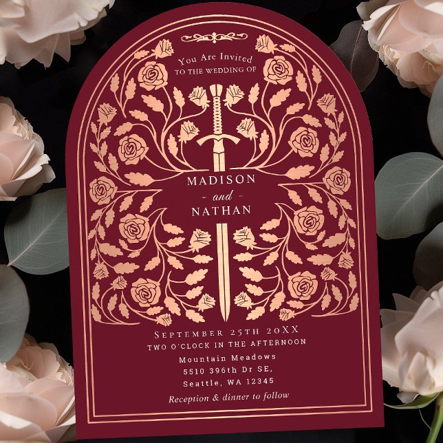 Red Royal Mediaeval Rose Gold Sword Wedding Arch Invitation (Creator Uploaded)