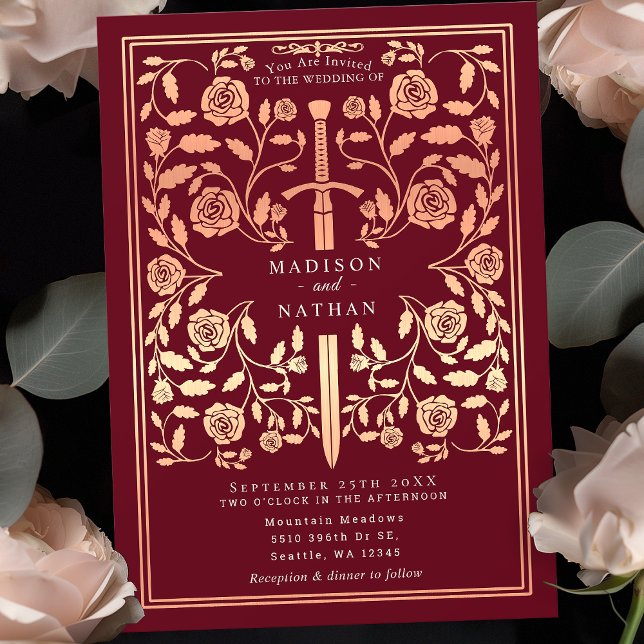 Red Royal Mediaeval Rose Gold  Sword Wedding  Invitation (Creator Uploaded)