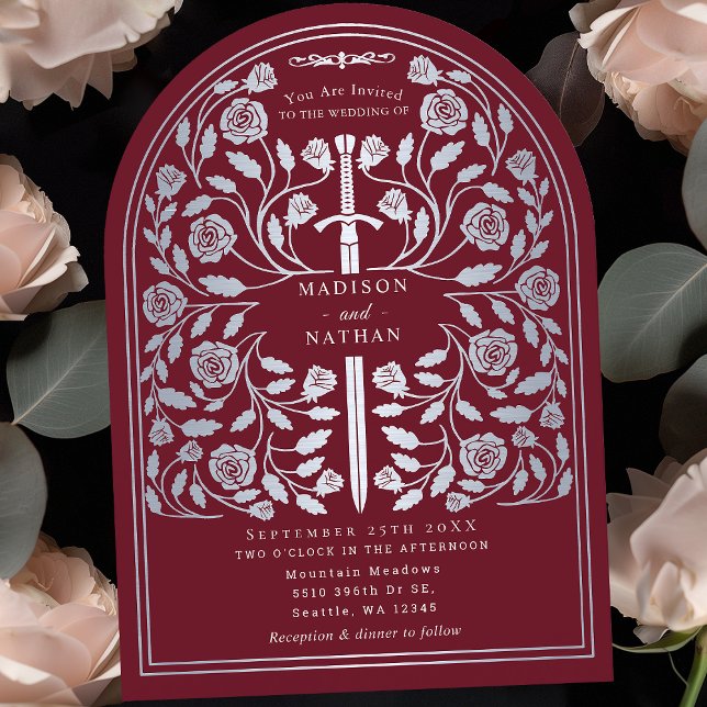 Red Royal Mediaeval Silver Sword Wedding Arch Invitation (Creator Uploaded)