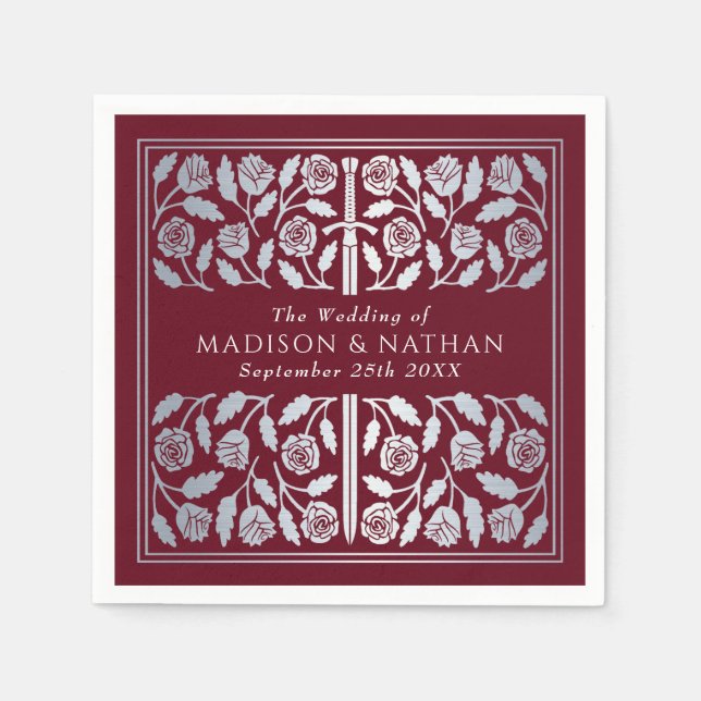 Red Royal Mediaeval Silver Sword Wedding Napkin (Front)