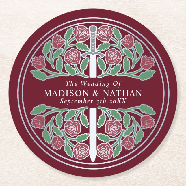 Red Royal Mediaeval Silver Sword Wedding Round Paper Coaster (Front)