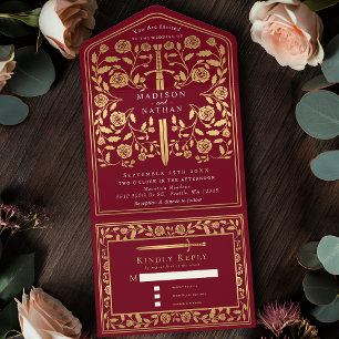 Red Royal Mediaeval Sword Wedding  All In One Invitation