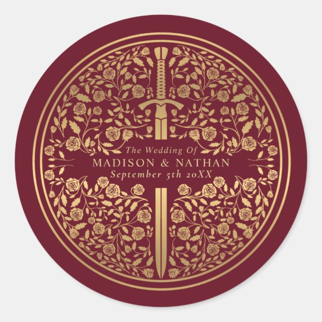 Red Royal Mediaeval Sword Wedding Classic Round Sticker (Front)