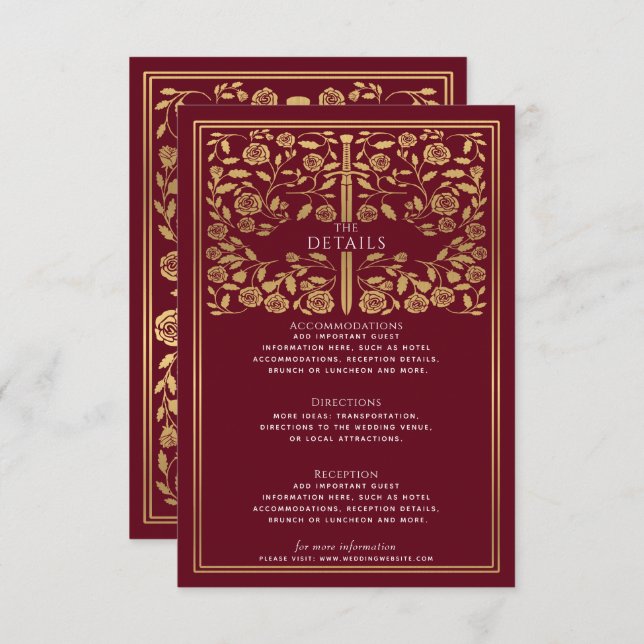 Red Royal Mediaeval Sword Wedding Details  Enclosure Card (Front/Back)