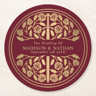 Red Royal Mediaeval Sword Wedding Round Paper Coaster
