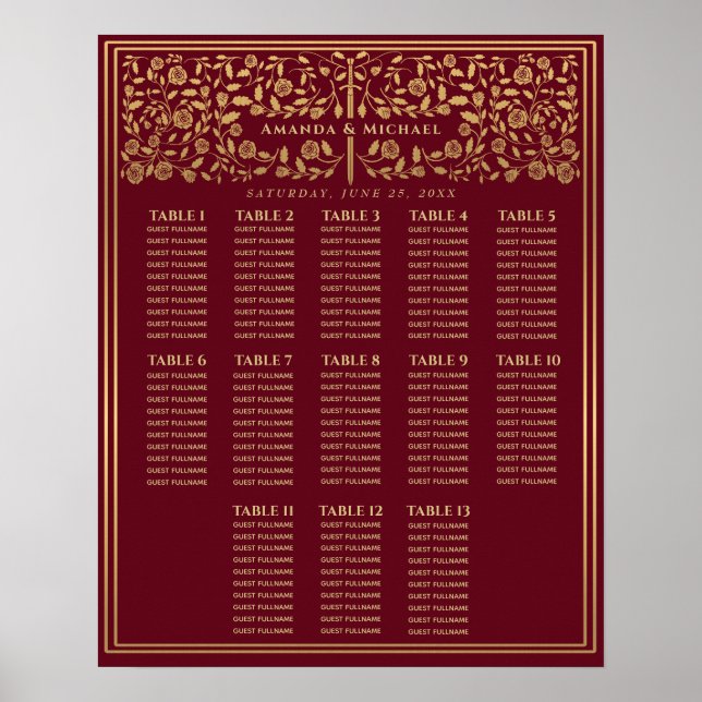 Red Royal Mediaeval Sword Wedding Seating Chart (Front)