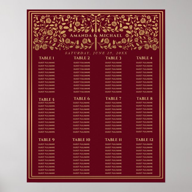 Red Royal Mediaeval Sword Wedding Seating Chart (Front)
