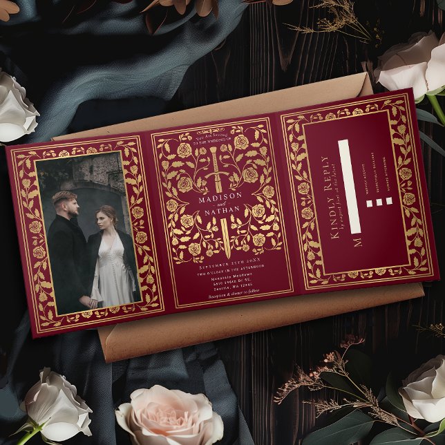 Red Royal Mediaeval Sword Wedding Tri-Fold Invitation (Creator Uploaded)