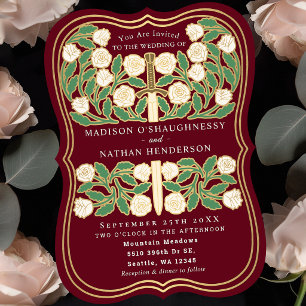 Red Royal Mediaeval White Floral Sword Wedding Invitation