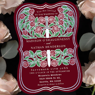 Red Royal Medieval Floral Silver Sword Wedding Invitation