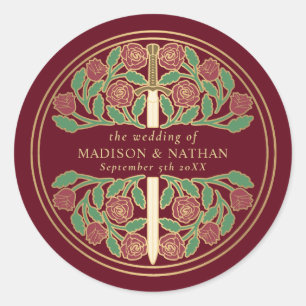 Red Royal Medieval Gold Sword Wedding  Classic Round Sticker