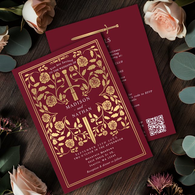 Red Royal Medieval Gold Sword Wedding QR Code Invitation (Creator Uploaded)