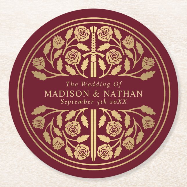 Red Royal Medieval Sword Wedding Round Paper Coaster (Front)