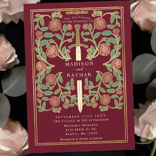 Red Royal Sword Floral Mediaeval Fantasy Wedding Invitation