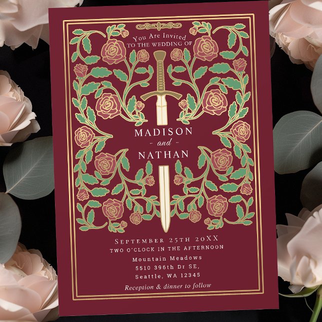 Red Royal Sword Floral Mediaeval Fantasy Wedding  Invitation (Creator Uploaded)