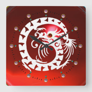 RED RUBY AND WHITE SNAKE DRAGON ,PINK  GEMSTONES SQUARE WALL CLOCK