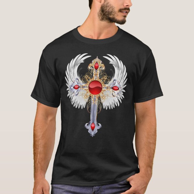 Red Ruby Arch Angel Christian Cross T-Shirt (Front)
