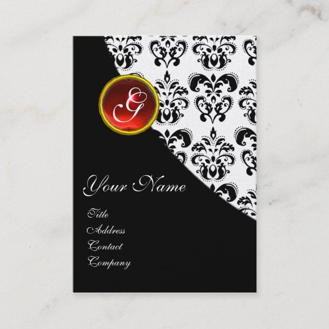 RED RUBY DAMASK MONOGRAM BUSINESS CARD (Front)