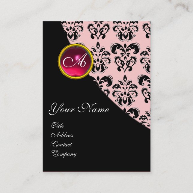 RED RUBY DAMASK MONOGRAM fuchsia pink Business Card (Front)