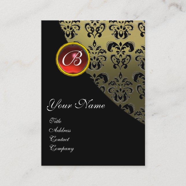 RED RUBY DAMASK MONOGRAM,grey Business Card (Front)