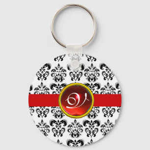 RED RUBY DAMASK MONOGRAM, KEY RING