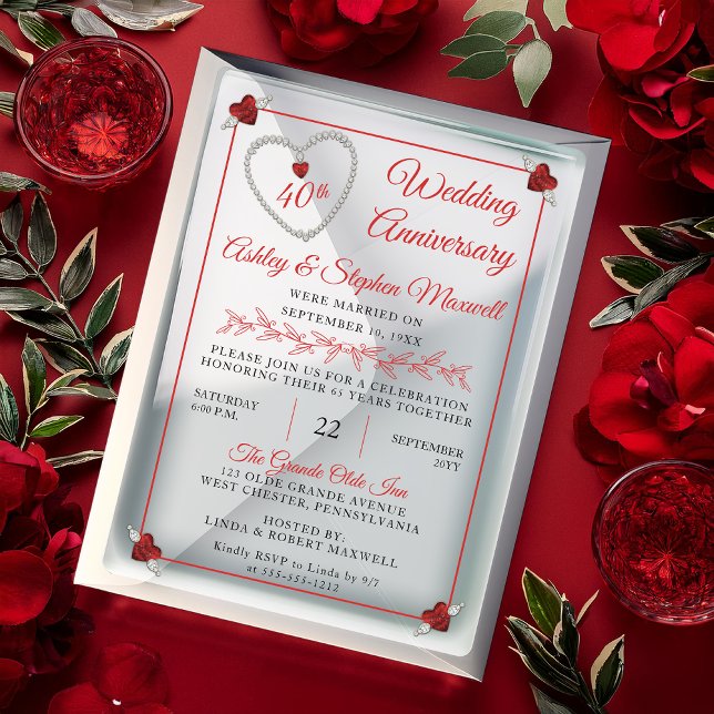 Red Ruby Diamond 40th Wedding Anniversary Party Acrylic Invitations (Elegant Faux Red Ruby and Diamond 40th Wedding Anniversary Party Acrylic Invitation)