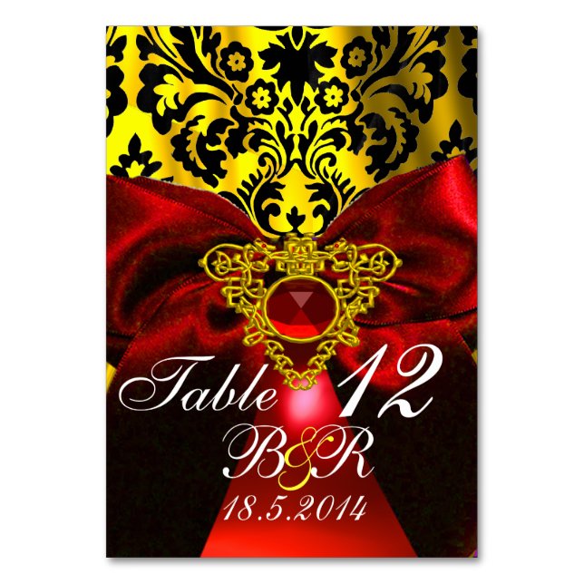 RED RUBY RIBBON GOLD CELTIC HEART  DAMASK MONOGRAM TABLE NUMBER (Front)