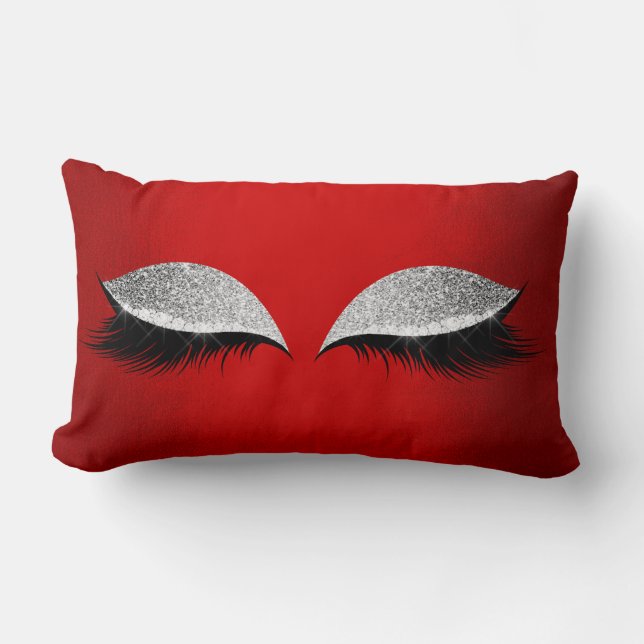 Red Ruby Silver Glitter Black Glam Makeup Lashes Lumbar Cushion (Front)