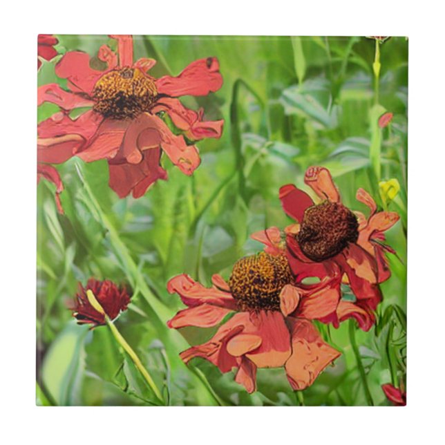 RED RUDBECKIA FLOWERS CERAMIC TILE (Front)