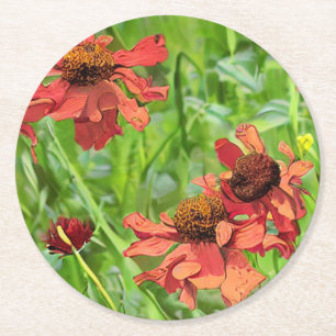 RED RUDBECKIA FLOWERS ROUND PAPER COASTER