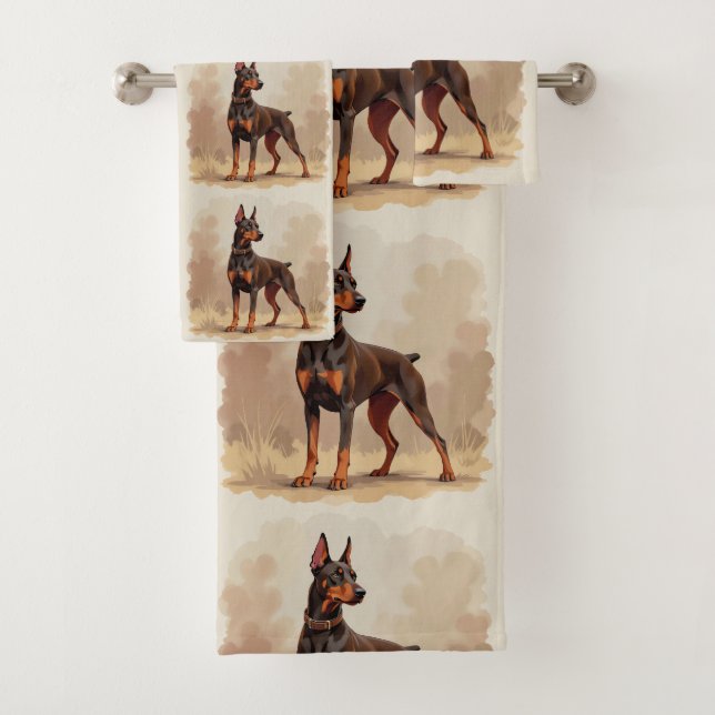 Red Rust Brown Doberman Pinscher Dog Bath Towel Set (Insitu)