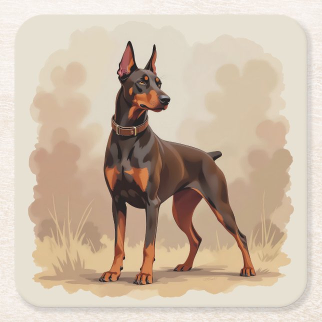 Red Rust Brown Doberman Pinscher Dog Square Paper Coaster (Front)