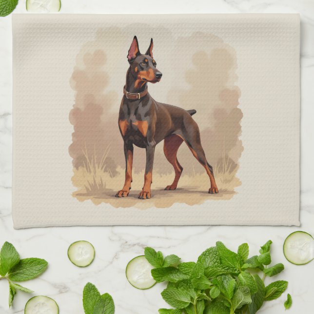 Red Rust Brown Doberman Pinscher Dog Tea Towel (Folded)