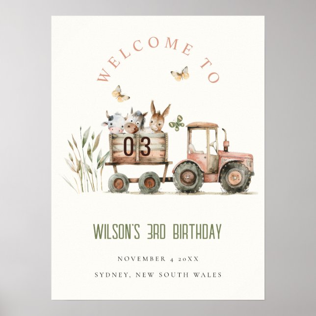 Red Rust Farm Animals Tractor Kid Birthday Welcome Poster (Front)