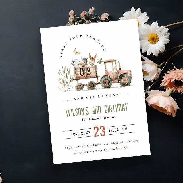 Red Rust Farm Animals Tractor Kids Birthday Invitation (Creator Uploaded)