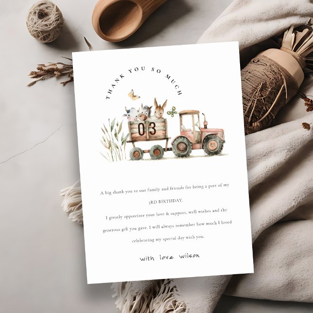 Red Rust Farm Animals Tractor Kids Birthday Thank You Card (Creator Uploaded)
