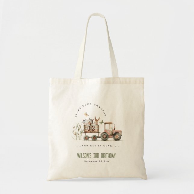Red Rust Farm Animals Tractor Kids Birthday Tote Bag (Front)