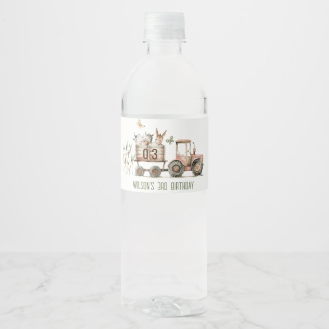 Red Rust Farm Animals Tractor Kids Birthday Water Bottle Label (Front)