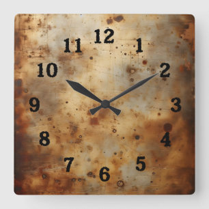 red rust on steel square wall clock