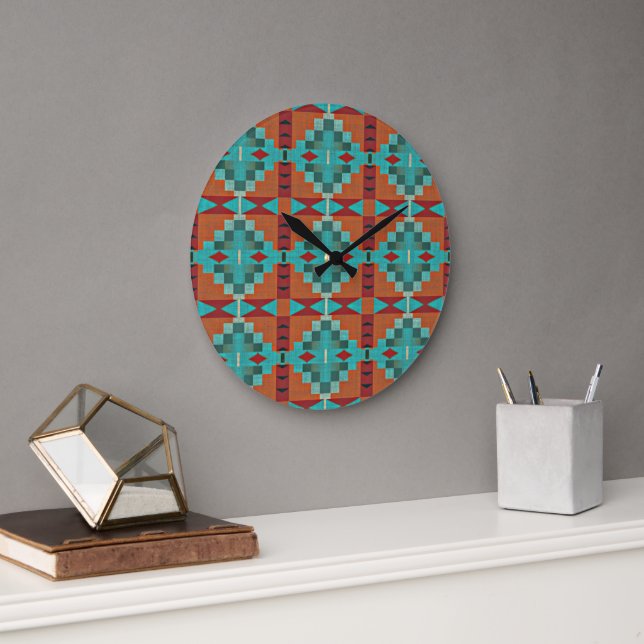 Red Rust Orange Turquoise Teal Blue Tribal Art Large Clock (Office)