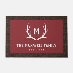 Red Rustic Antler Monogram Faux Burlap Border Doormat